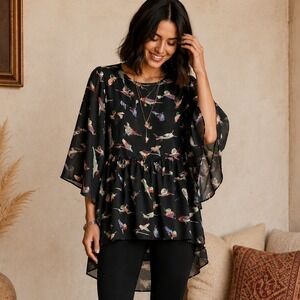 ASOS Bird Print Chiffon Flowy Bell Sleeve Blouse Top Black Size 8 NWT
